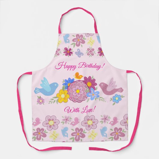 ハッピーバースデー野花ガーデン鳥柄 エプロン (正面)