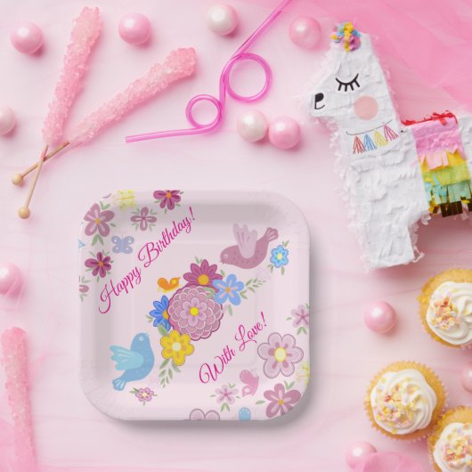 ハッピーバースデー野花ガーデン鳥柄 ペーパープレート (パーティー)