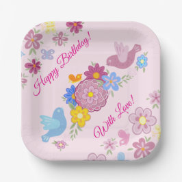 ハッピーバースデー野花ガーデン鳥柄 ペーパープレート