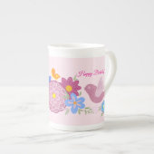 ハッピーバースデー野花ガーデン鳥柄 ボーンチャイナマグカップ (正面右)