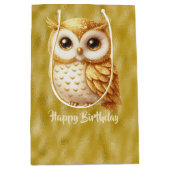 ハッピーバースデー金ゴールドカラーフクロウ金ゴールド ミディアムペーパーバッグ (正面)