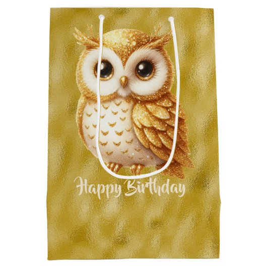 ハッピーバースデー金ゴールドカラーフクロウ金ゴールド ミディアムペーパーバッグ (裏面)