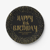 ハッピーバースデー金ゴールドグリッター任意の年カスタムのブラック ペーパープレート (正面)