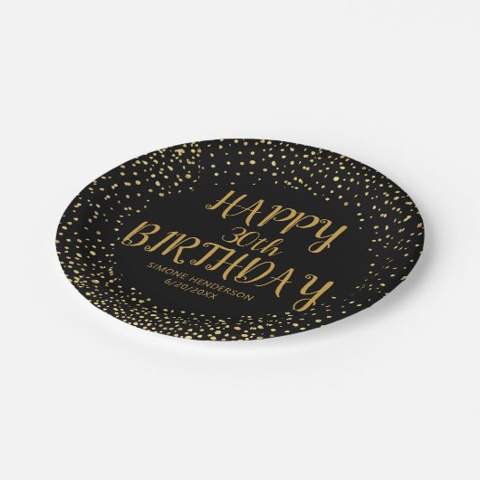ハッピーバースデー金ゴールドグリッター任意の年カスタムのブラック ペーパープレート (アングル)
