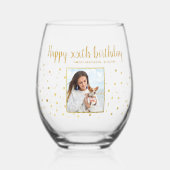 ハッピーバースデー金ゴールドグリッター写真任意の年カスタム間 ステムなしワイングラス (正面)