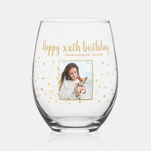 ハッピーバースデー金ゴールドグリッター写真任意の年カスタム間 ステムなしワイングラス (正面)