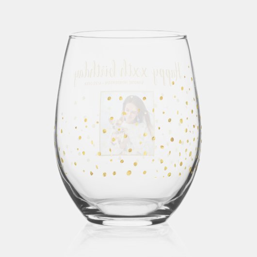 ハッピーバースデー金ゴールドグリッター写真任意の年カスタム間 ステムなしワイングラス (裏面)