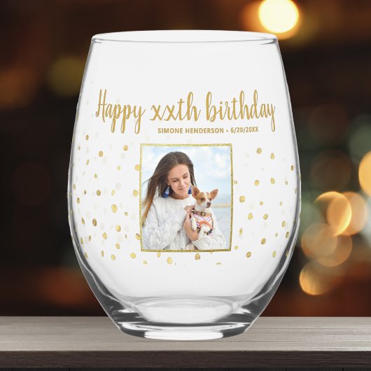 ハッピーバースデー金ゴールドグリッター写真任意の年カスタム間 ステムなしワイングラス