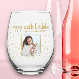 ハッピーバースデー金ゴールドグリッター写真任意の年カスタム間 ステムなしワイングラス