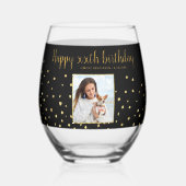 ハッピーバースデー金ゴールドグリッター写真任意の年カスタム間 ステムなしワイングラス (正面)