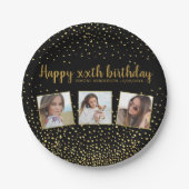 ハッピーバースデー金ゴールドグリッター写真任意の年カスタム間 ペーパープレート (正面)