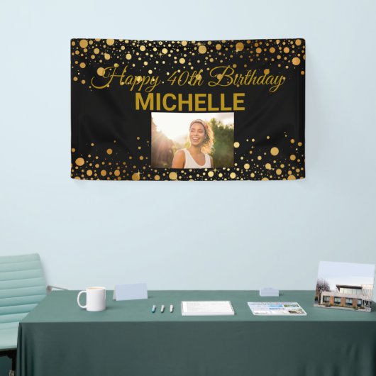 ハッピーバースデー金ゴールドグリッター写真任意の年カスタム間 横断幕 (トレードショー)