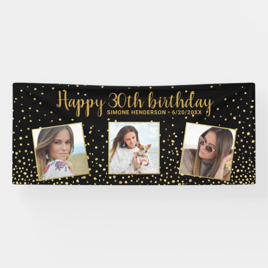 ハッピーバースデー金ゴールドグリッター写真任意の年カスタム間 横断幕 (横)