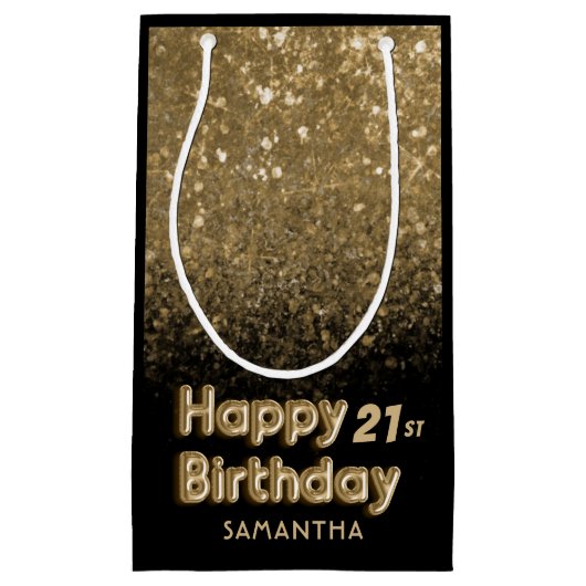 ハッピーバースデー金ゴールドグリッター&ブラックスパークリー スモールペーパーバッグ (正面)