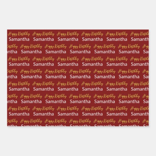 ハッピーバースデー金ゴールドスクリプトの暗赤と白い名前 ラッピングペーパーシート (正面3)