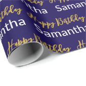 ハッピーバースデー金ゴールドスクリプトの濃い青のホワイトネーム ラッピングペーパー (ロールコーナー)