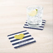 ハッピーバースデー金ゴールドハートブルーホワイトストライプズ ペーパーコースター (インサイチュ)