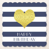 ハッピーバースデー金ゴールドハートブルーホワイトストライプズ ペーパーコースター (正面)