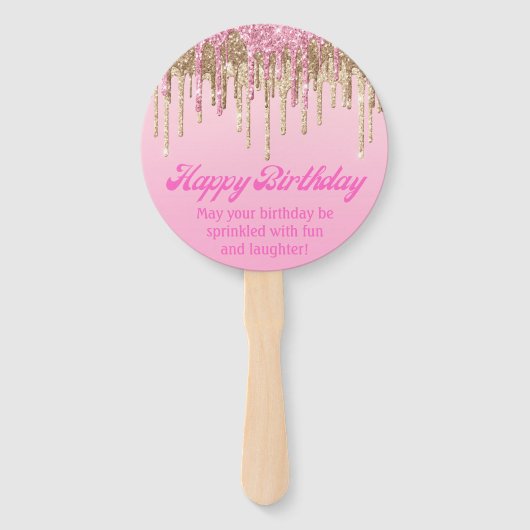 ハッピーバースデー金ゴールドピンクグリッターレトロスクリプト ハンドファン (正面)