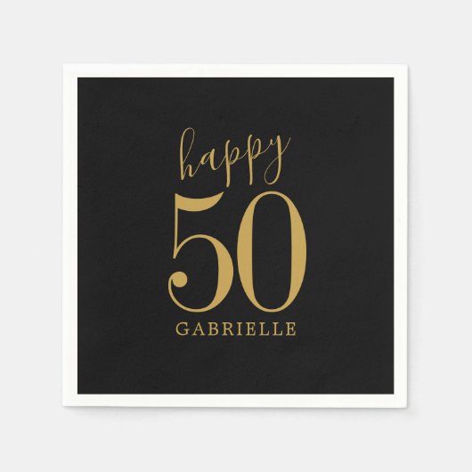 ハッピーバースデー金ゴールドブラックカスタムの年齢名 スタンダードカクテルナプキン (正面)