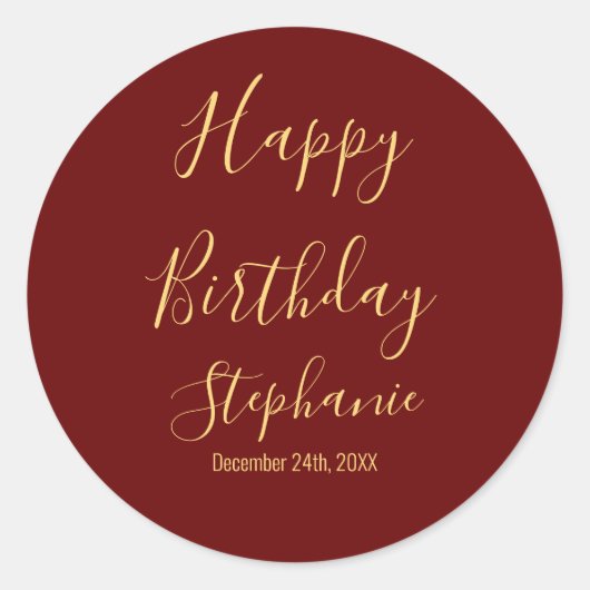 ハッピーバースデー金ゴールドブルガンディダークレッド名前をカスタムする ラウンドシール (正面)