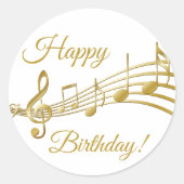 ハッピーバースデー金ゴールド音符ホワイト ラウンドシール (正面)