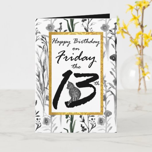 ハッピーバースデー金曜第13期黒猫の花 カード (黄色い花)