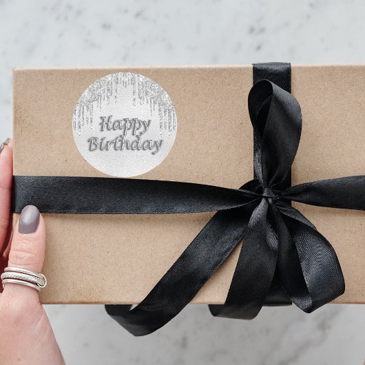 ハッピーバースデー銀グリッター滴下金属 ラウンドシール