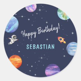 ハッピーバースデー銀河系ロケット船水彩色 ラウンドシール