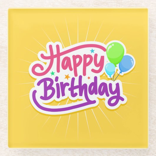 ハッピーバースデー陽気モダン黄 ガラスコースター (正面)