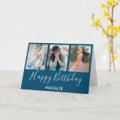 ハッピーバースデー青と白の3枚のフォトコラージュ カード (黄色い花)