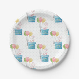 ハッピーバースデー風船とギフトボックス ペーパープレート