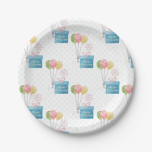 ハッピーバースデー風船とギフトボックス ペーパープレート (正面)