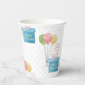 ハッピーバースデー風船とギフトボックス 紙コップ (正面)