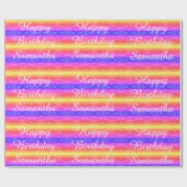 ハッピーバースデー鮮やかなピンクブルーイエローストライプズ ラッピングペーパー (フラット)