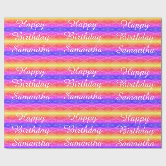 ハッピーバースデー鮮やかなピンクブルーイエローストライプズ ラッピングペーパー (フラット)