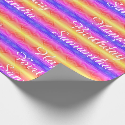 ハッピーバースデー鮮やかなピンクブルーイエローストライプズ ラッピングペーパー (角)