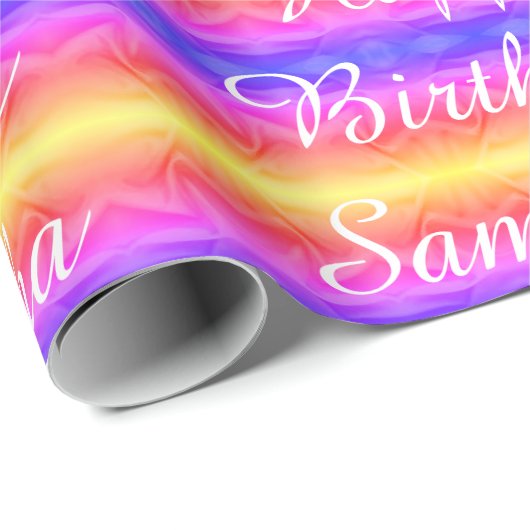 ハッピーバースデー鮮やかなピンクブルーイエローストライプズ ラッピングペーパー (ロールコーナー)