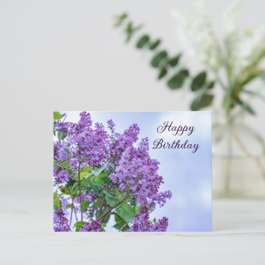 ハッピーバースデー鮮やか紫薄紫花 ポストカード (スタンド正面)