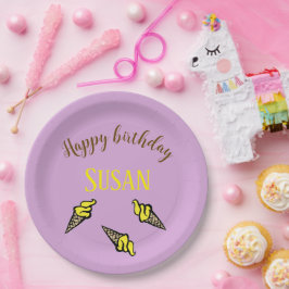 ハッピーバースデー黄色のアイスクリームを紫に ペーパープレート