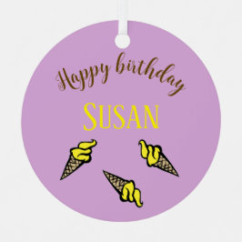 ハッピーバースデー黄色のアイスクリームを紫に メタルオーナメント