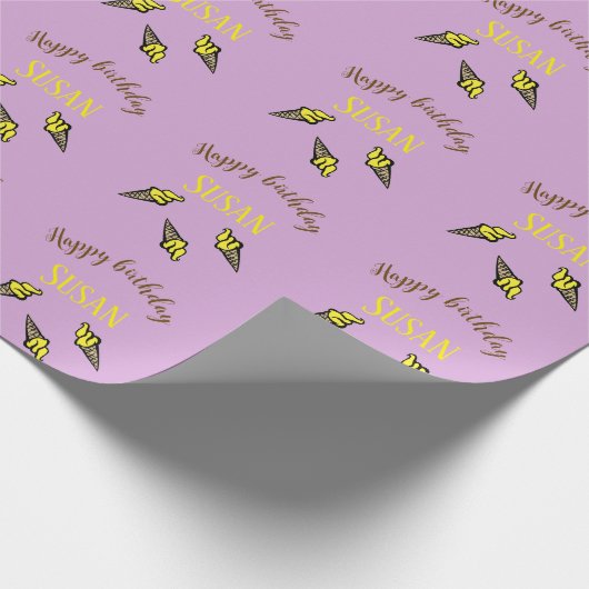 ハッピーバースデー黄色のアイスクリームを紫に ラッピングペーパー (角)