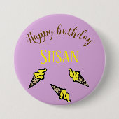 ハッピーバースデー黄色のアイスクリームを紫に 缶バッジ (正面)