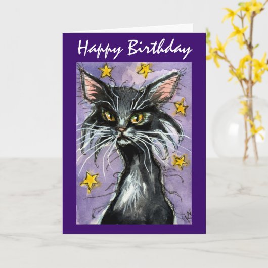 ハッピーバースデー黒猫グリーティングカード カード (黄色い花)