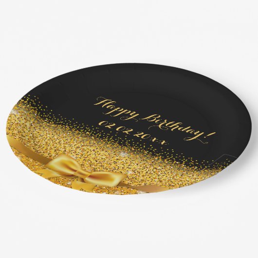 ハッピーバースデー黒金ゴールド エレガント ペーパープレート (アングル)
