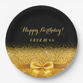 ハッピーバースデー黒金ゴールド エレガント ペーパープレート (正面)