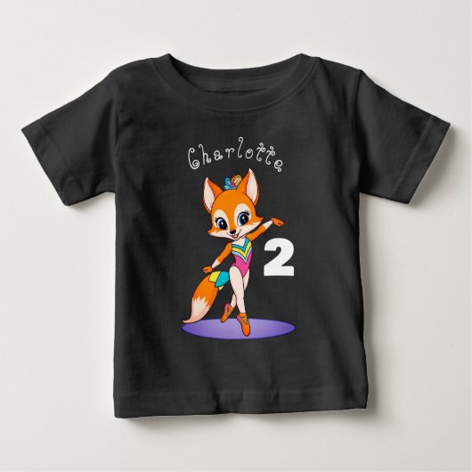 ハッピーバースデー2歳の女の子バレエダンサー狐 | 黒 ベビーTシャツ (正面)