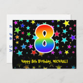 ハッピーバースデー8歳:楽しいスターパターン、虹8、名前 ポストカード (正面/裏面)