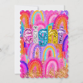 ハッピーバースデー８歳　虹色スパンコール サンキューカード