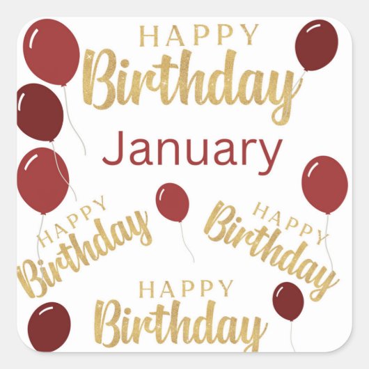 ハッピーバースデー1月の誕生日ステッカー スクエアシール (正面)